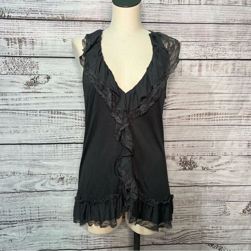 Eyelash Couture Y2K Gray Babydoll Tank Top Lace Ruffle Large V‎ Neck